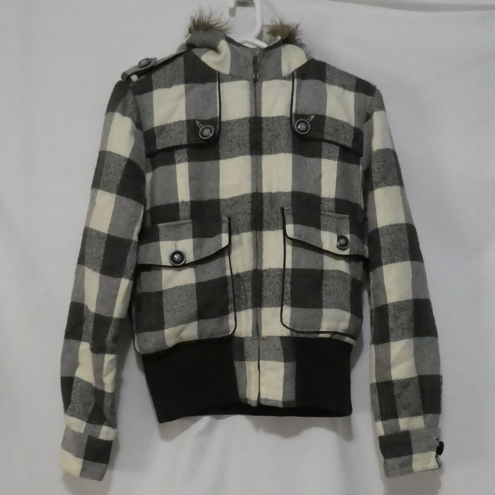 ANNA JEANS | small | Sherpa Lined Hooded Plaid Zip-Up Jacket | Button Detail